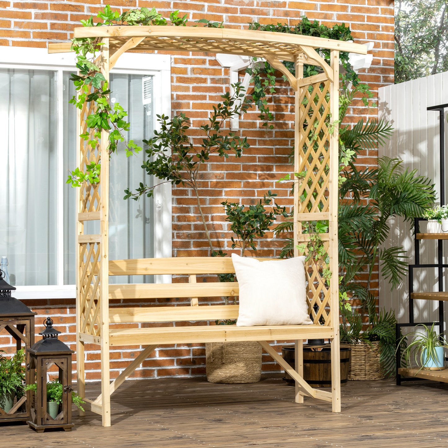 Patio Garden Bench, Wooden Bench, Outdoor Bench For Vines/Climbing Plants, Natural