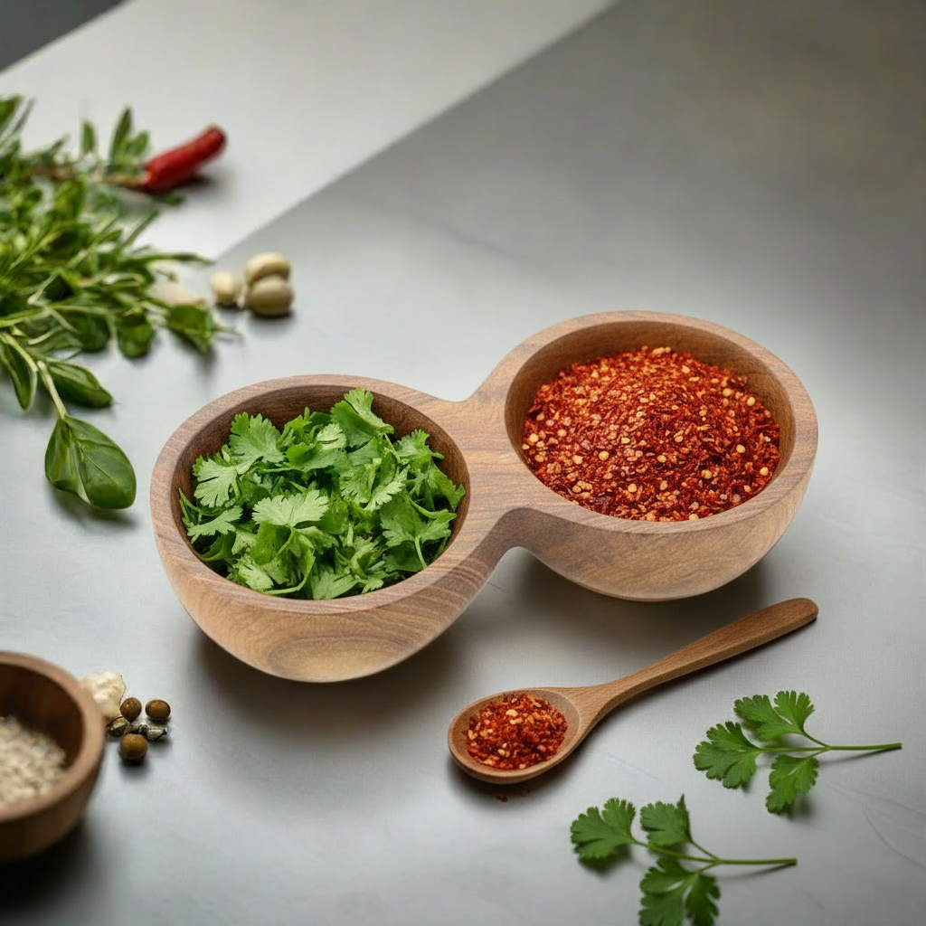 Double Wooden Spice Bowl