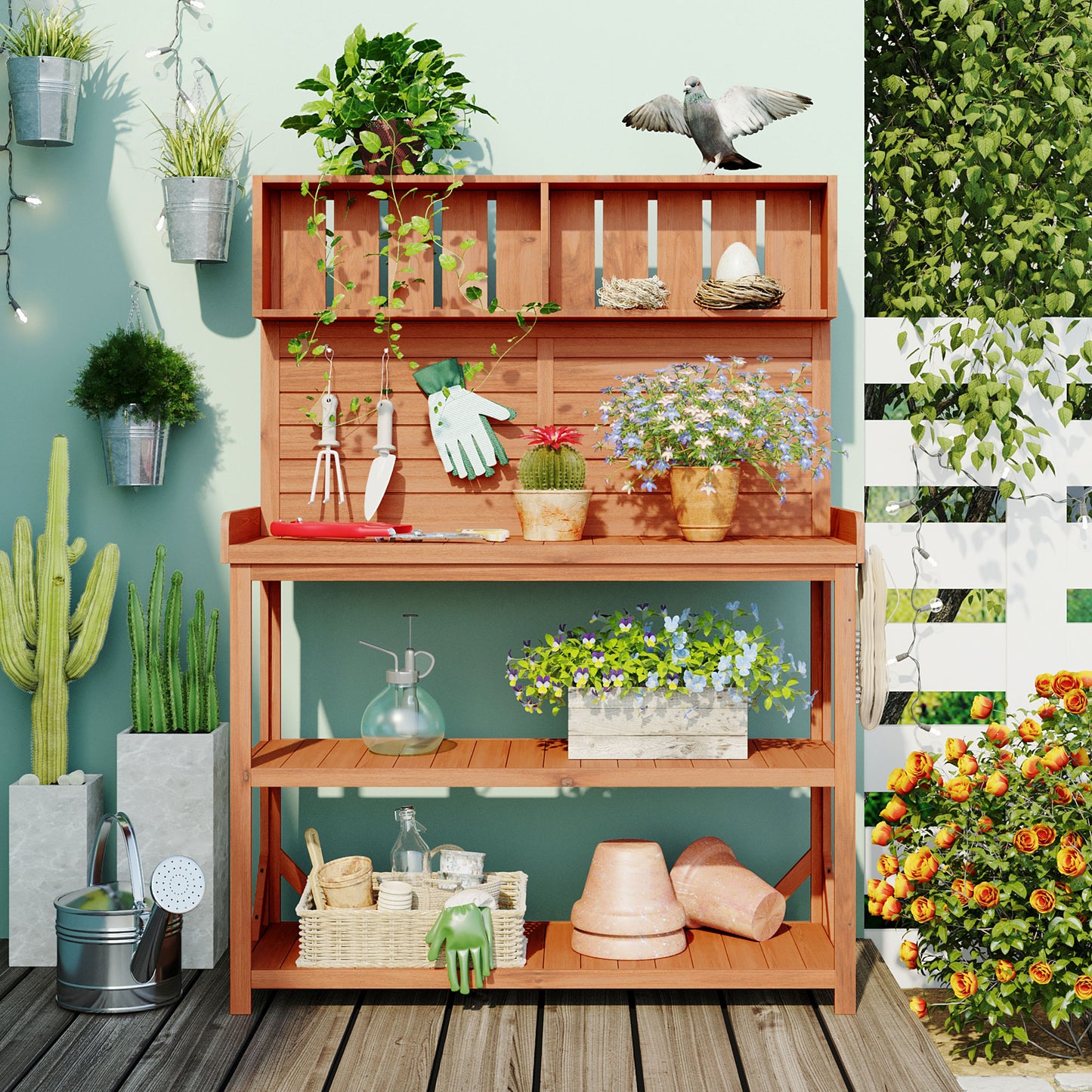 TOPMAX 65 Large Wooden Farmhouse Rustic Outdoor Potting Bench Table, Patio Workstation, Garden Potting Bench With 4 Storage Shelves And Side Hook,Natural