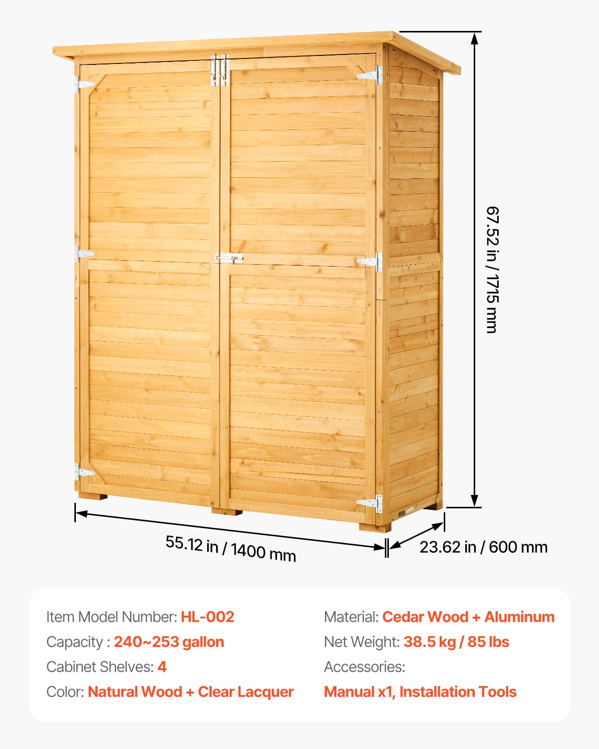 Outdoor Wooden Storage Shed Waterproof Garden Tool Metal Shed 55x67.5 Inch