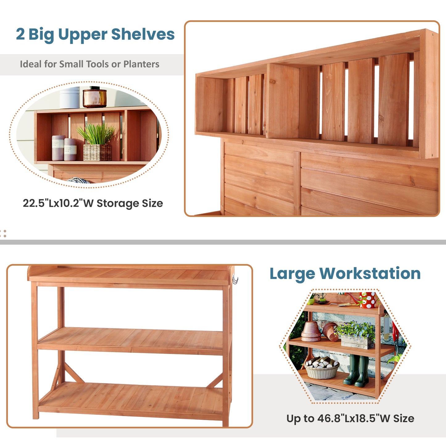 TOPMAX 65 Large Wooden Farmhouse Rustic Outdoor Potting Bench Table, Patio Workstation, Garden Potting Bench With 4 Storage Shelves And Side Hook,Natural
