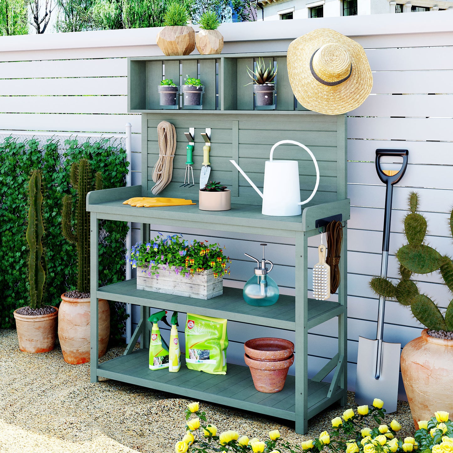 TOPMAx 65  Large Wooden Farmhouse Rustic Outdoor Potting Bench Table  Patio Workstation  Garden Potting Bench With 4 Storage Shelves And Side Hook Green