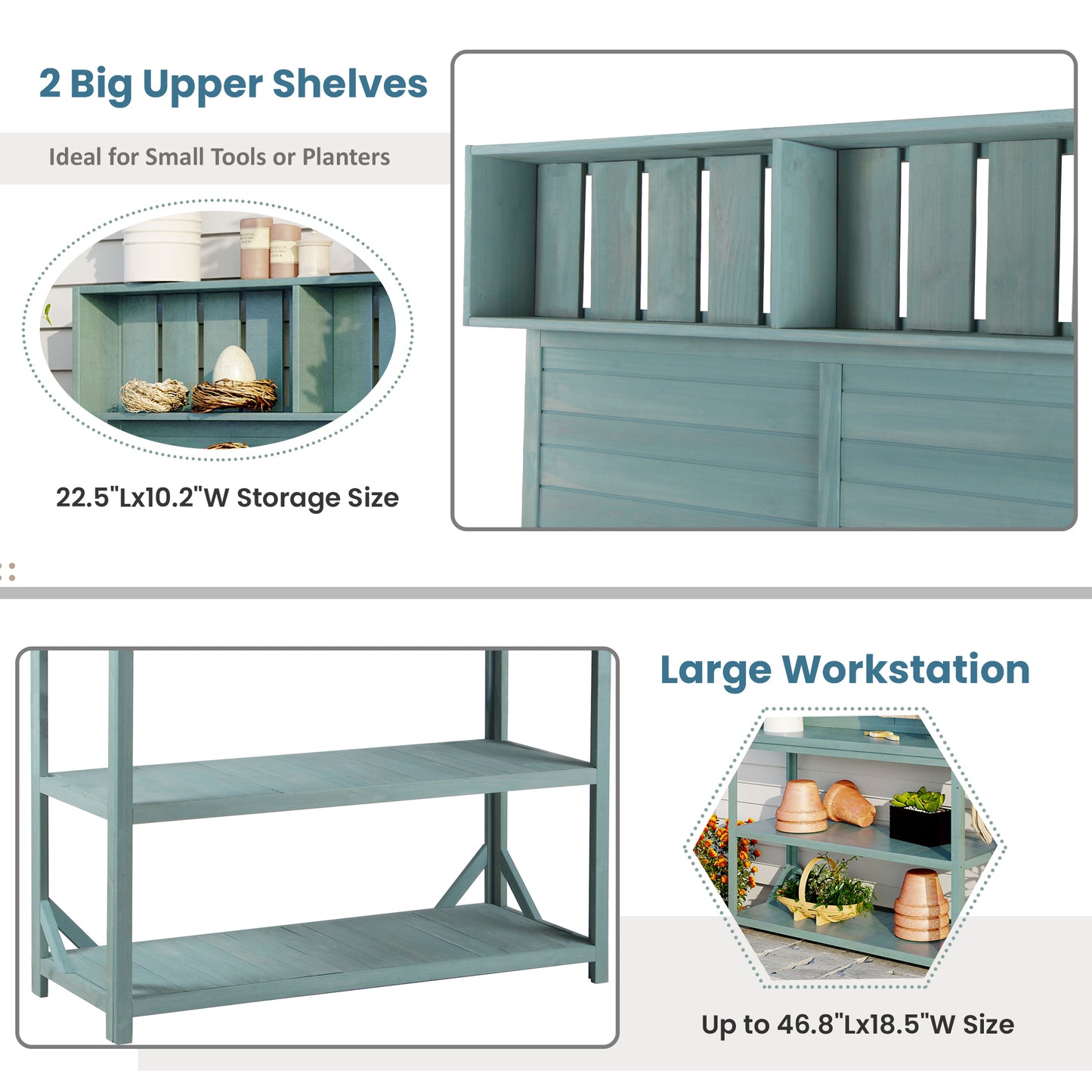 TOPMAx 65  Large Wooden Farmhouse Rustic Outdoor Potting Bench Table  Patio Workstation  Garden Potting Bench With 4 Storage Shelves And Side Hook Green