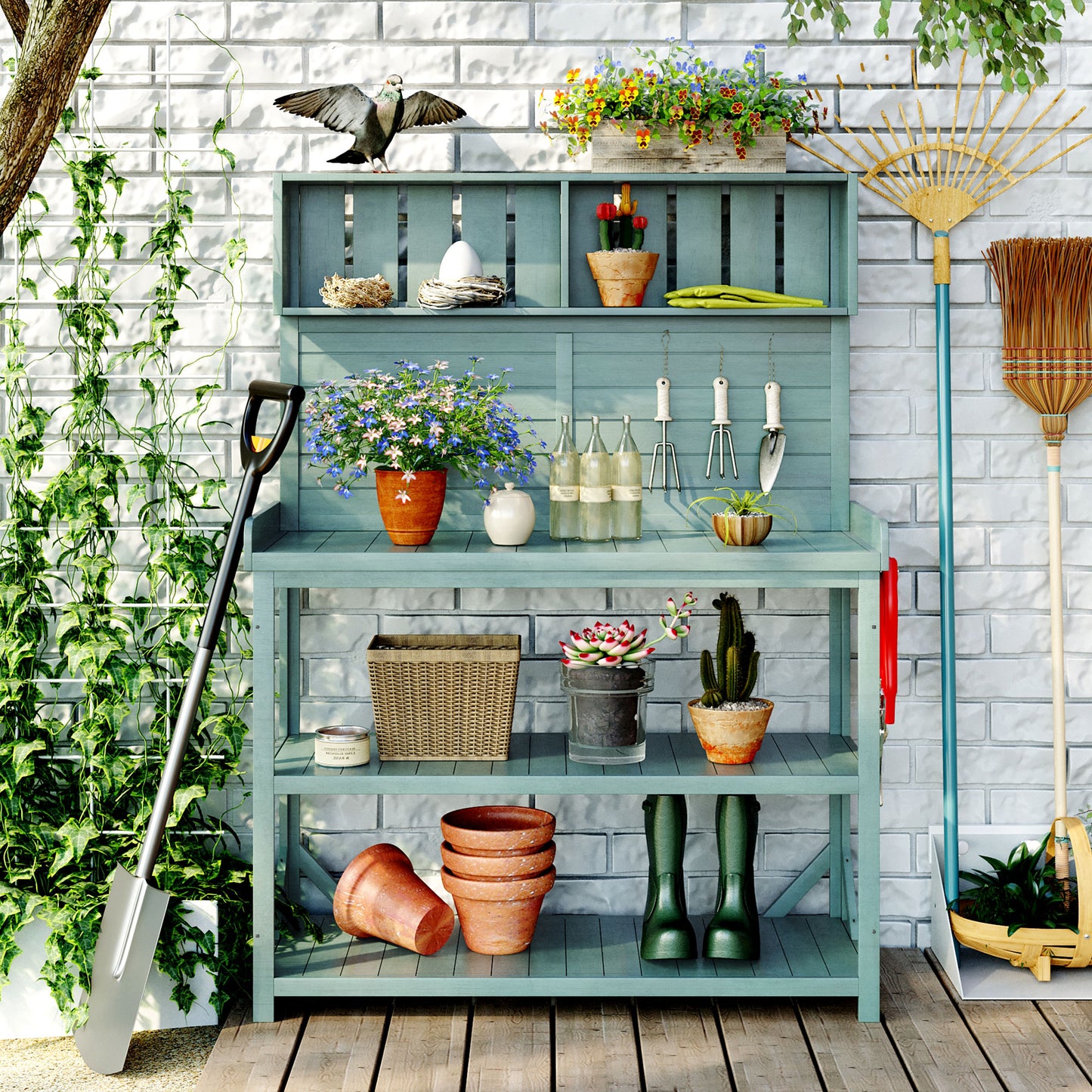 TOPMAx 65  Large Wooden Farmhouse Rustic Outdoor Potting Bench Table  Patio Workstation  Garden Potting Bench With 4 Storage Shelves And Side Hook Green