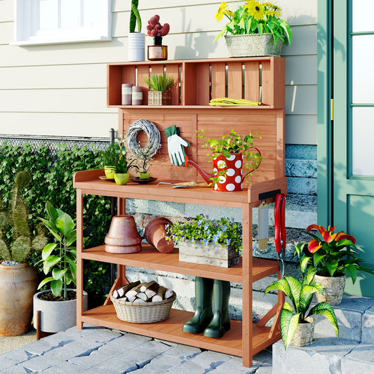 TOPMAX 65 Large Wooden Farmhouse Rustic Outdoor Potting Bench Table, Patio Workstation, Garden Potting Bench With 4 Storage Shelves And Side Hook,Natural